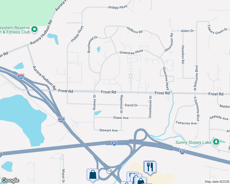 map of restaurants, bars, coffee shops, grocery stores, and more near 815 Frost Road in Streetsboro