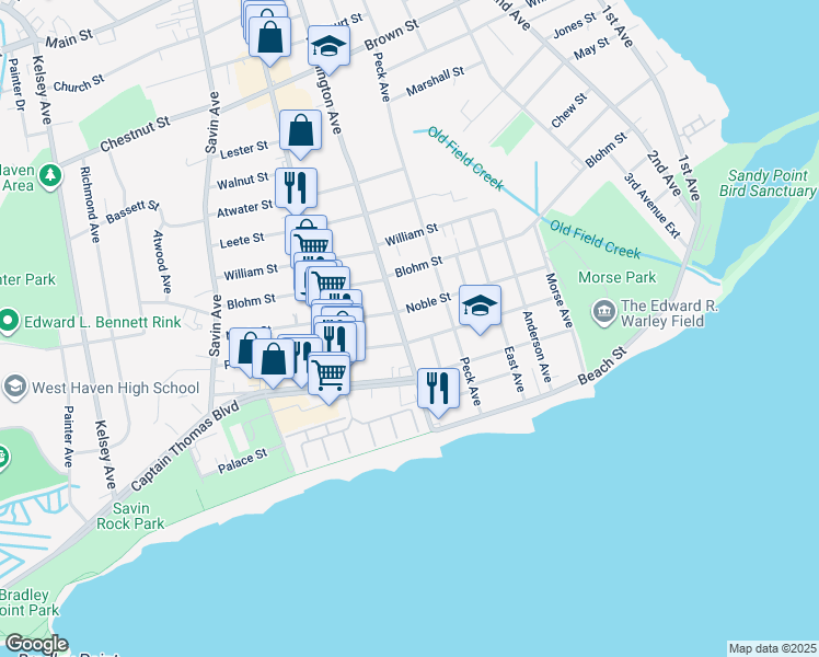map of restaurants, bars, coffee shops, grocery stores, and more near 123 Washington Avenue in West Haven