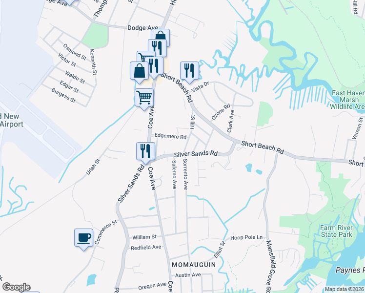 map of restaurants, bars, coffee shops, grocery stores, and more near 12 Edgemere Road in East Haven