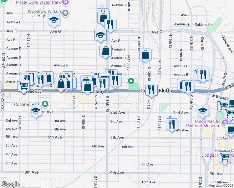 map of restaurants, bars, coffee shops, grocery stores, and more near 7 North 16th Street in Council Bluffs