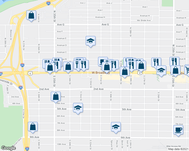 map of restaurants, bars, coffee shops, grocery stores, and more near 3135 West Broadway in Council Bluffs