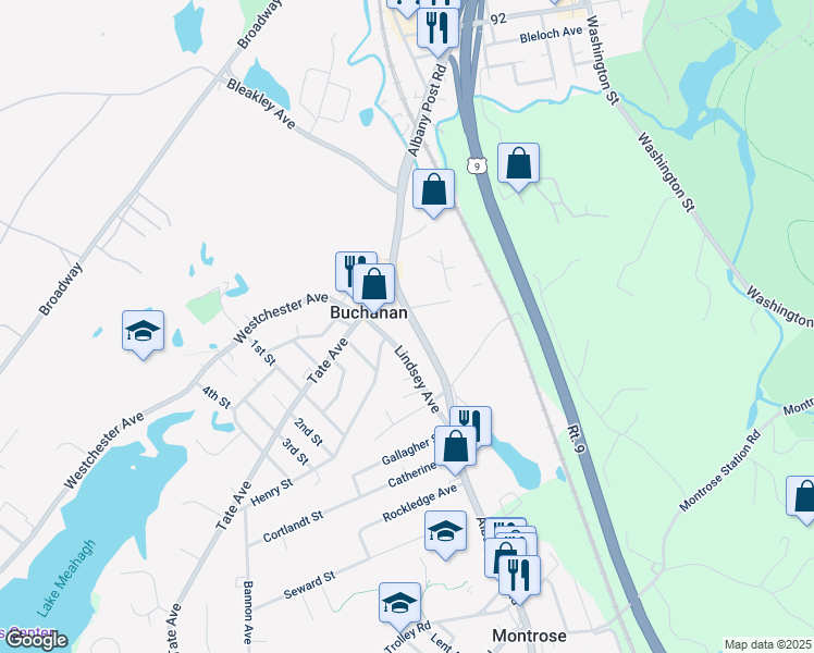 map of restaurants, bars, coffee shops, grocery stores, and more near 3167 Albany Post Road in Buchanan