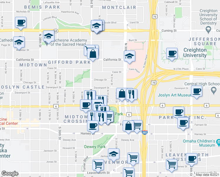 map of restaurants, bars, coffee shops, grocery stores, and more near 3166 Davenport Street in Omaha