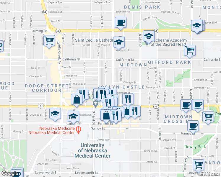 map of restaurants, bars, coffee shops, grocery stores, and more near 6 North 40th Street in Omaha