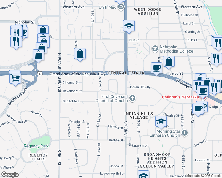 map of restaurants, bars, coffee shops, grocery stores, and more near 324 North 91st Street in Omaha