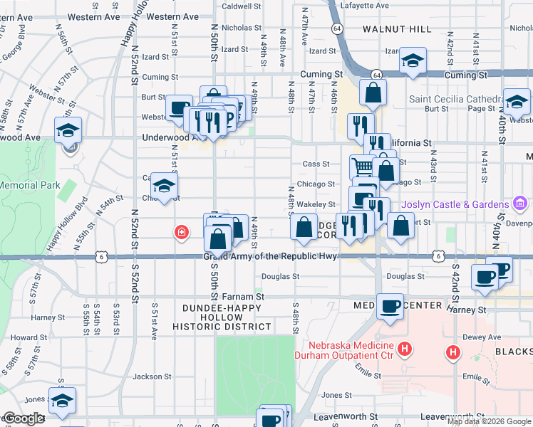 map of restaurants, bars, coffee shops, grocery stores, and more near 4811 Chicago Street in Omaha