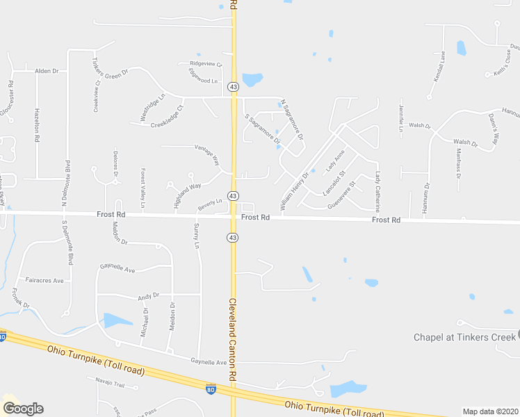 map of restaurants, bars, coffee shops, grocery stores, and more near 1425 Frost Road in Streetsboro