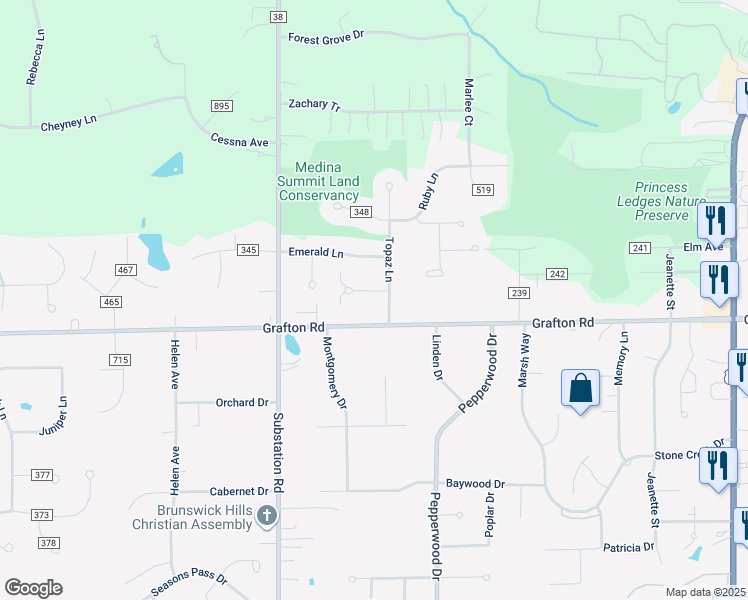 map of restaurants, bars, coffee shops, grocery stores, and more near 526 Topaz Lane in Brunswick