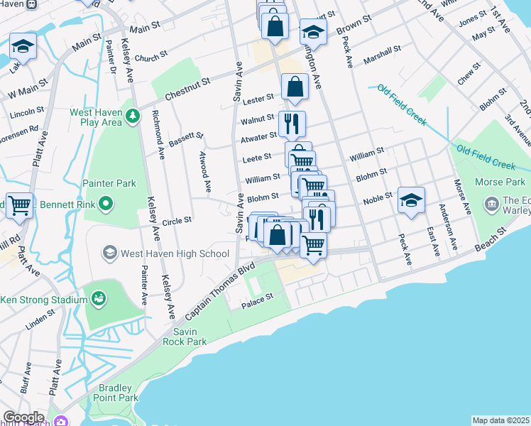 map of restaurants, bars, coffee shops, grocery stores, and more near 309 Noble Street in West Haven
