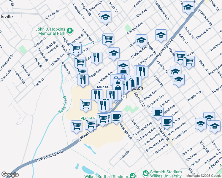 map of restaurants, bars, coffee shops, grocery stores, and more near 107 Main Street in Kingston