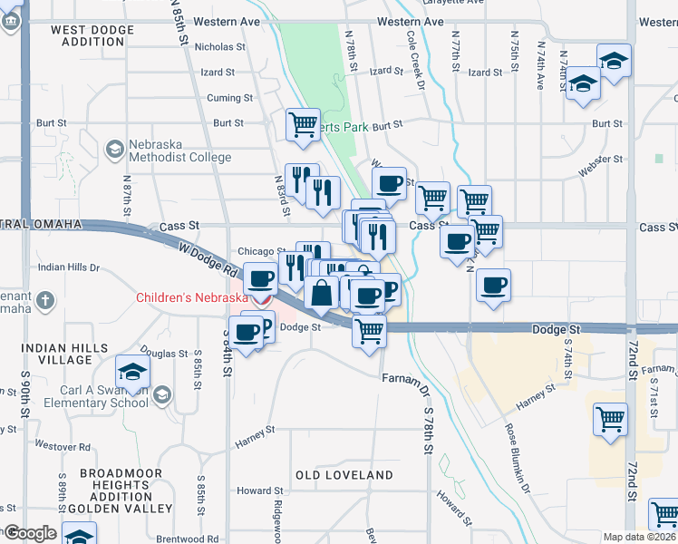 map of restaurants, bars, coffee shops, grocery stores, and more near 7820 Wakeley Plaza in Omaha