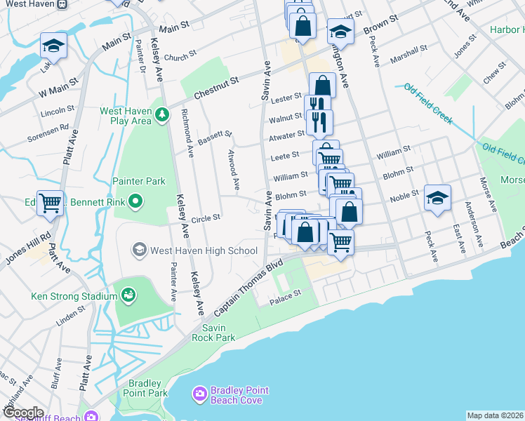 map of restaurants, bars, coffee shops, grocery stores, and more near 7 Graham Manor Road in West Haven