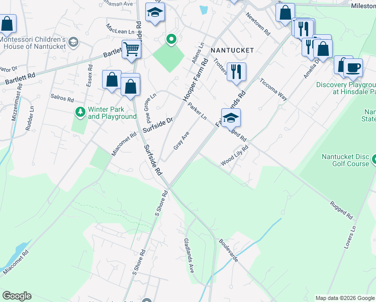 map of restaurants, bars, coffee shops, grocery stores, and more near 14 Gray Avenue in Nantucket