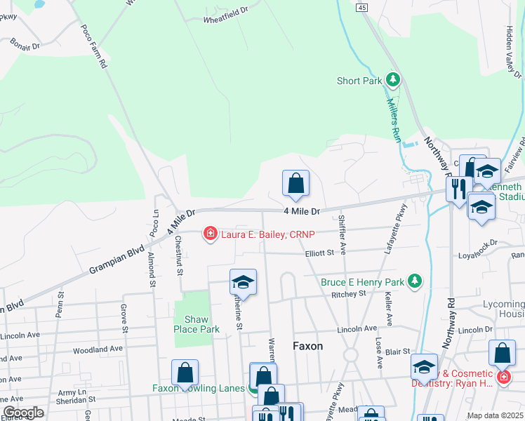 map of restaurants, bars, coffee shops, grocery stores, and more near 1300 4 Mile Drive in Williamsport