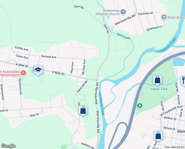 map of restaurants, bars, coffee shops, grocery stores, and more near 2985 4 Mile Drive in Montoursville