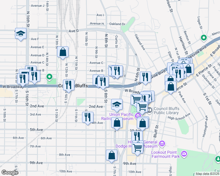 map of restaurants, bars, coffee shops, grocery stores, and more near 751 West Broadway in Council Bluffs