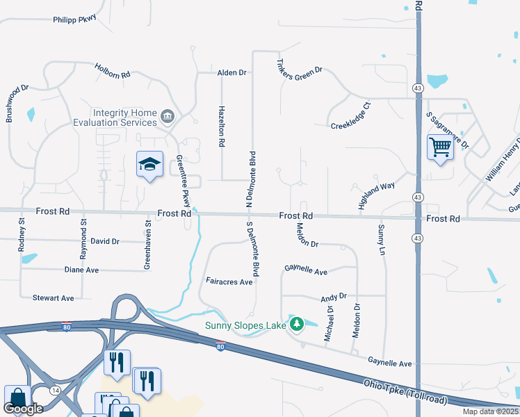 map of restaurants, bars, coffee shops, grocery stores, and more near 1079 Frost Road in Streetsboro