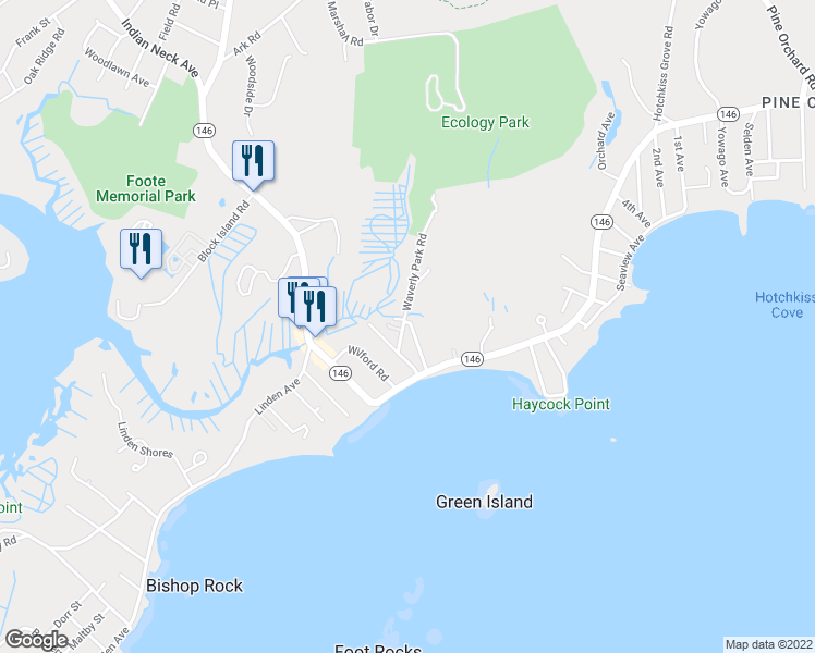 map of restaurants, bars, coffee shops, grocery stores, and more near 34 Crouch Road in Branford