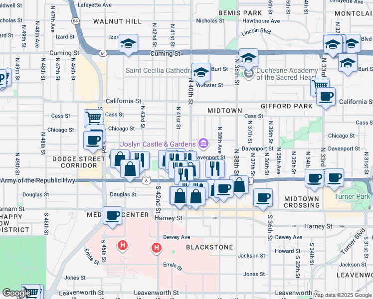 map of restaurants, bars, coffee shops, grocery stores, and more near 310 North 40th Street in Omaha