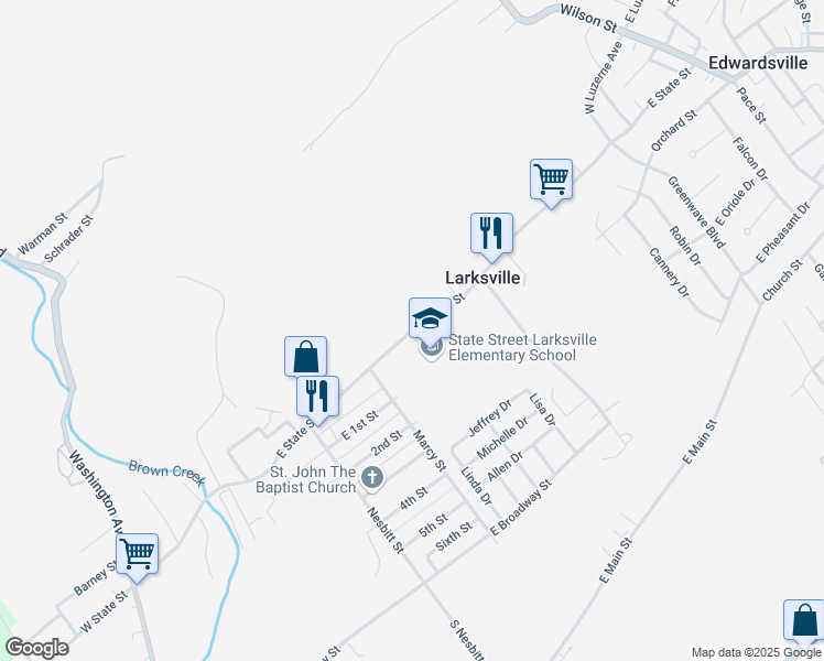 map of restaurants, bars, coffee shops, grocery stores, and more near 355 East State Street in Larksville