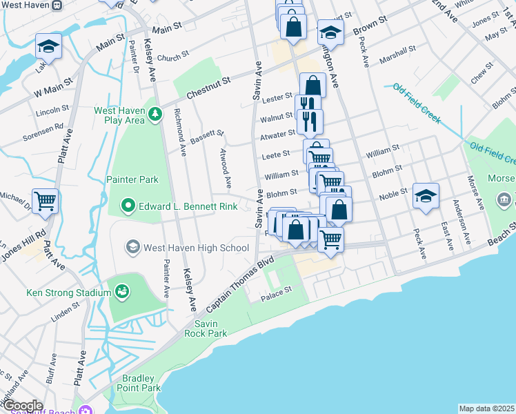 map of restaurants, bars, coffee shops, grocery stores, and more near 7 Graham Manor Road in West Haven