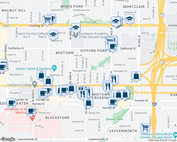 map of restaurants, bars, coffee shops, grocery stores, and more near 3554 Davenport Street in Omaha