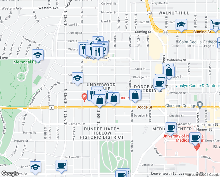 map of restaurants, bars, coffee shops, grocery stores, and more near 4821 Chicago Street in Omaha