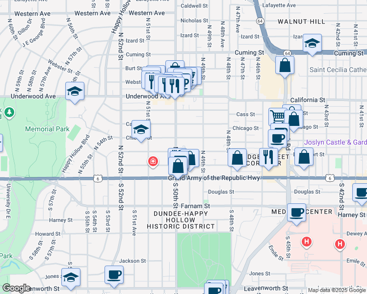map of restaurants, bars, coffee shops, grocery stores, and more near 4919 Chicago Street in Omaha