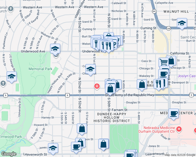 map of restaurants, bars, coffee shops, grocery stores, and more near 315 North 51st Street in Omaha