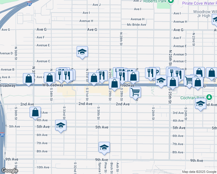 map of restaurants, bars, coffee shops, grocery stores, and more near 2840 West Broadway in Council Bluffs