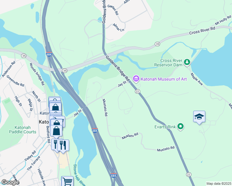 map of restaurants, bars, coffee shops, grocery stores, and more near 66 Barrett Road in Katonah