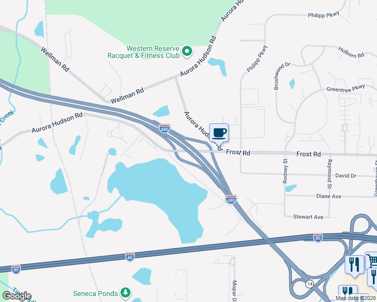 map of restaurants, bars, coffee shops, grocery stores, and more near Outerbelt S Fwy in Streetsboro