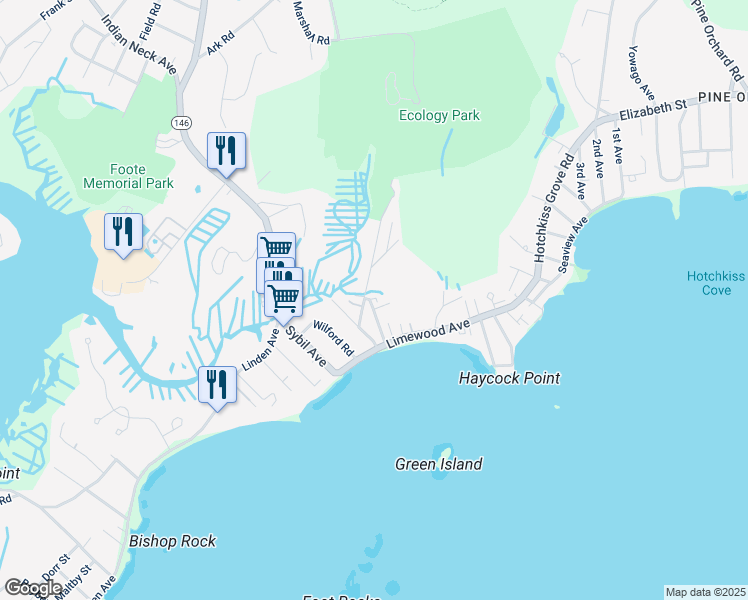 map of restaurants, bars, coffee shops, grocery stores, and more near 33B Crouch Road in Branford