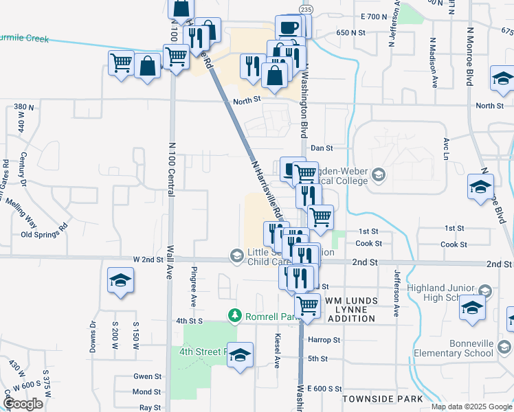 map of restaurants, bars, coffee shops, grocery stores, and more near 129 North Harrisville Road in Ogden