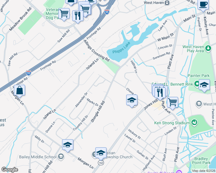map of restaurants, bars, coffee shops, grocery stores, and more near 2 Marydale Road in West Haven