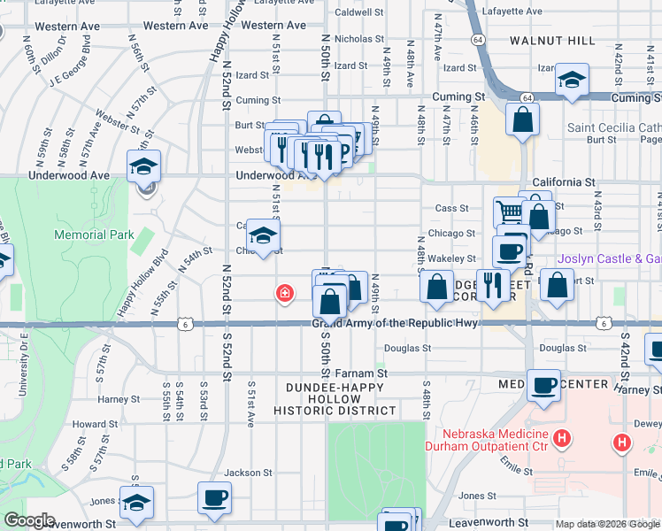 map of restaurants, bars, coffee shops, grocery stores, and more near 311 North 50th Street in Omaha