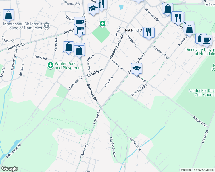 map of restaurants, bars, coffee shops, grocery stores, and more near 14 Gray Avenue in Nantucket