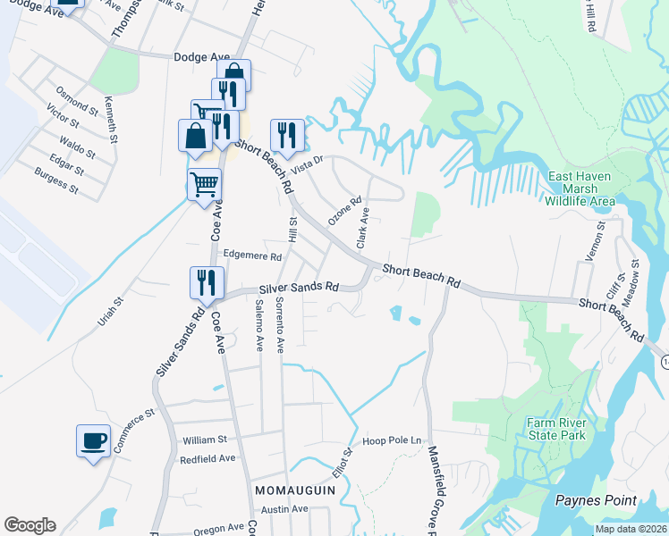 map of restaurants, bars, coffee shops, grocery stores, and more near 330 Short Beach Road in East Haven