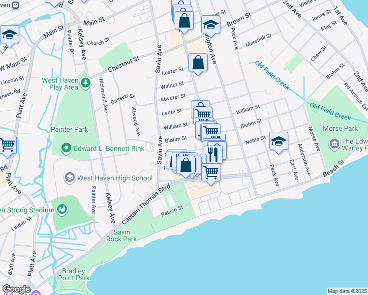 map of restaurants, bars, coffee shops, grocery stores, and more near 269 Noble Street in West Haven