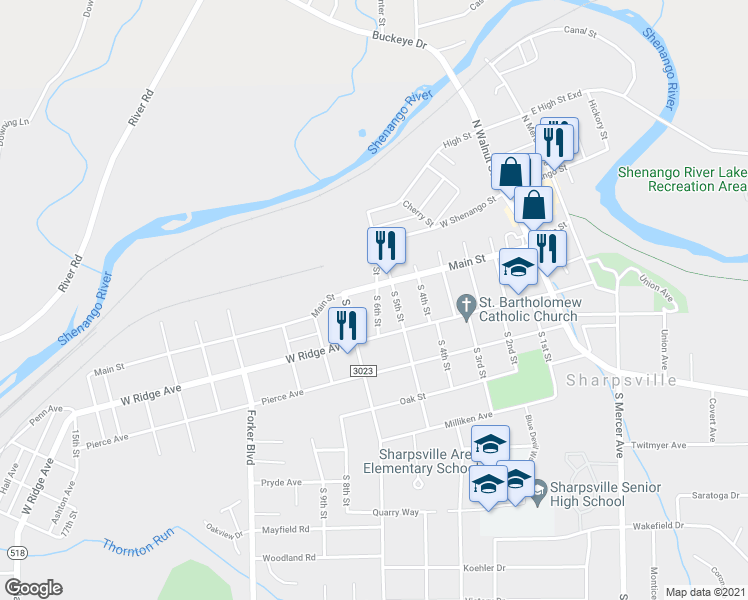 map of restaurants, bars, coffee shops, grocery stores, and more near 22 South 6th Street in Sharpsville