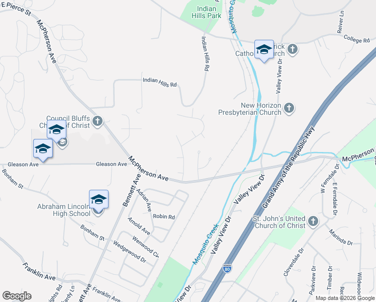 map of restaurants, bars, coffee shops, grocery stores, and more near 134 Shevi Drive in Council Bluffs