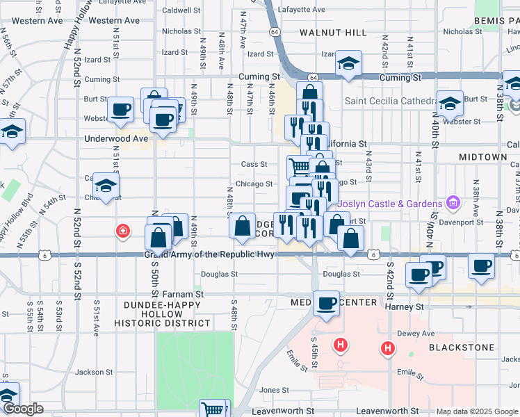 map of restaurants, bars, coffee shops, grocery stores, and more near 4613 Wakeley Street in Omaha