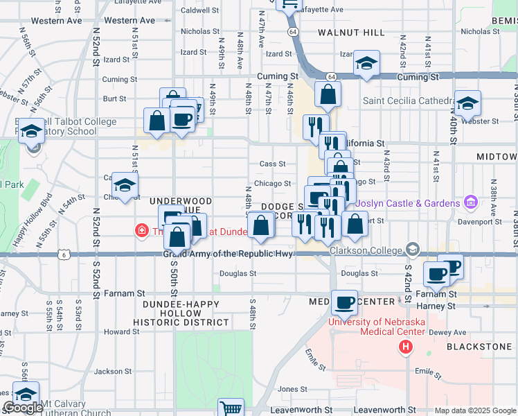 map of restaurants, bars, coffee shops, grocery stores, and more near 4719 Wakeley Street in Omaha