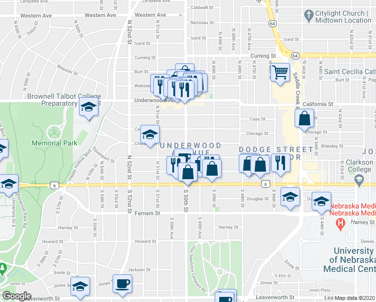 map of restaurants, bars, coffee shops, grocery stores, and more near 4919 Chicago Street in Omaha