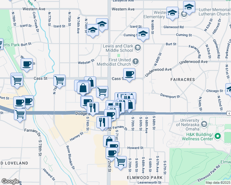 map of restaurants, bars, coffee shops, grocery stores, and more near 319 N 72nd St in Omaha