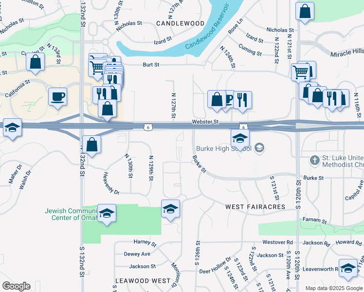 map of restaurants, bars, coffee shops, grocery stores, and more near 12727 West Dodge Road in Omaha