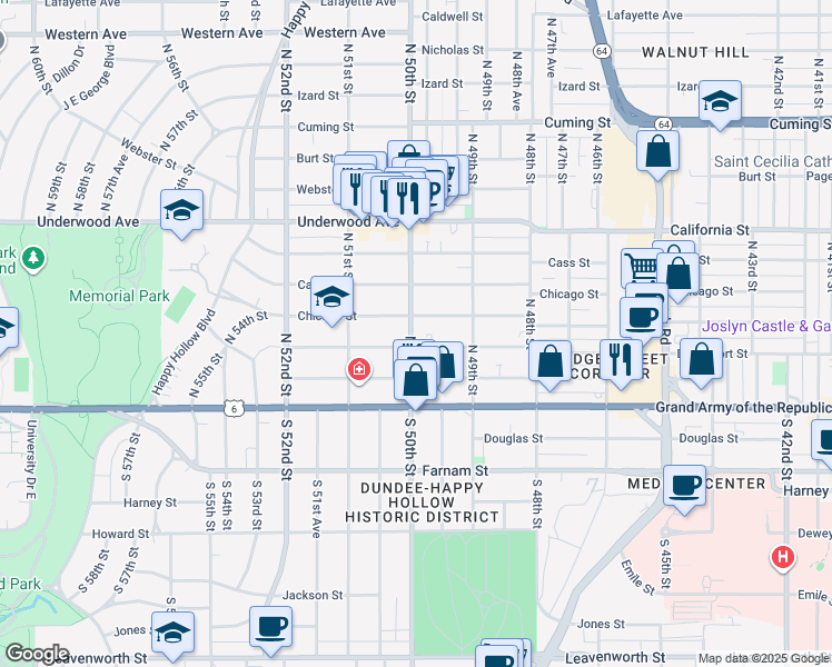 map of restaurants, bars, coffee shops, grocery stores, and more near 309 North 50th Street in Omaha