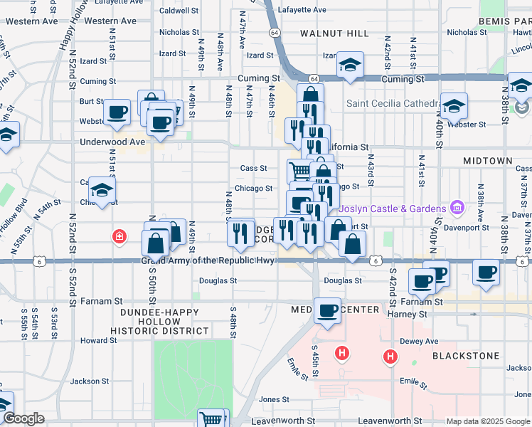 map of restaurants, bars, coffee shops, grocery stores, and more near 4613 Wakeley Street in Omaha