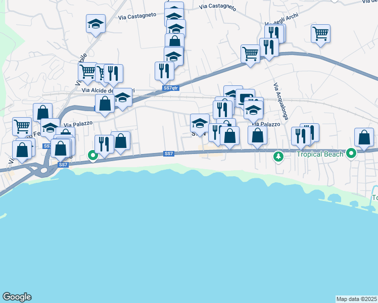 map of restaurants, bars, coffee shops, grocery stores, and more near 133 Via Appia Lato Napoli in Formia