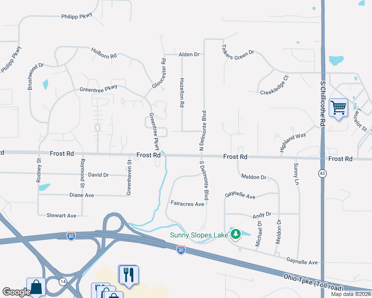 map of restaurants, bars, coffee shops, grocery stores, and more near 1025 Frost Road in Streetsboro